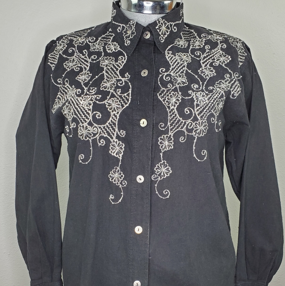 Club Z Women Shirt Black Small Embellished Embroidered Western Country Rodeo VTG